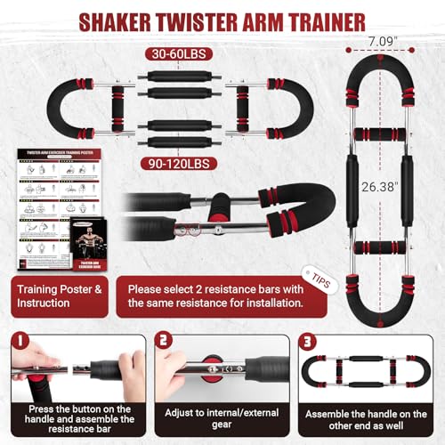 Twister Arm Trainer, 30-120 lbs Adjustable Chest Workout Equipment | 4 Spring & Poster for Men & Women, Detachable Power Twister Home Fitness Equipment for Enhancing Upper Body Muscle - color: Red