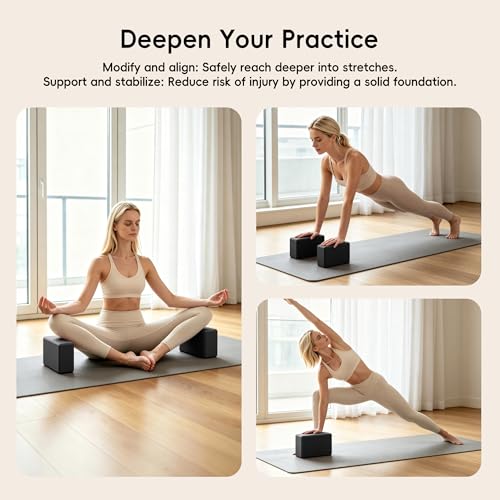 High Density EVA Yoga Blocks 2 Pack, 280g Pro-Level Exercise Brick (46-50 Shore C Firmness), Odor-Free & Non-Slip Foam Props for Yoga, Pilates & Stretching - color: black