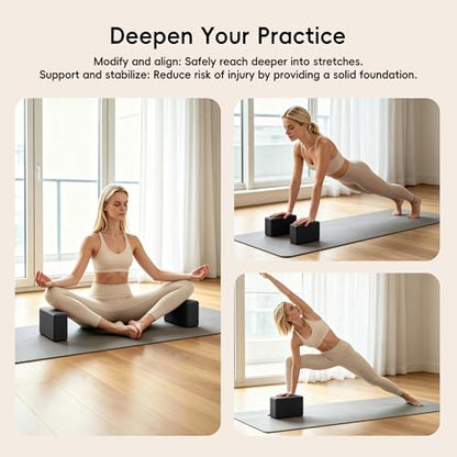 High Density EVA Yoga Blocks 2 Pack, 280g Pro-Level Exercise Brick (46-50 Shore C Firmness), Odor-Free & Non-Slip Foam Props for Yoga, Pilates & Stretching - color: black
