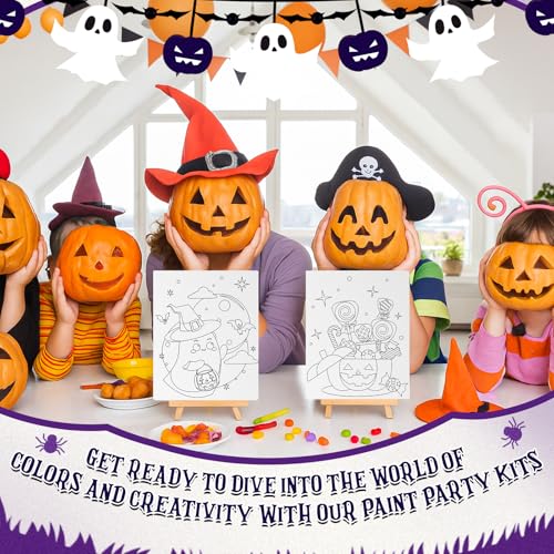 Sherr 96 Pcs Pre Drawn Canvas Kit 12 Sets with Easel Apron,Halloween | Adult Painting Party Set with Brushes Paints Wine Glasses, 8x10 Ready to Paint, DIY Craft for Paint Parties and DIY Crafts - style: Halloween