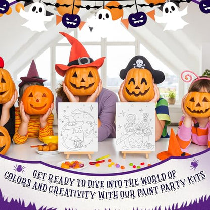 Sherr 96 Pcs Pre Drawn Canvas Kit 12 Sets with Easel Apron,Halloween | Adult Painting Party Set with Brushes Paints Wine Glasses, 8x10 Ready to Paint, DIY Craft for Paint Parties and DIY Crafts - style: Halloween