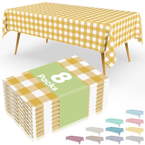 Smiry 8 Packs Gingham Disposable Table Cloth, 54 x 108 Inch Waterproof Plastic Tablecloth, Rectangle Gold and White CheckeGold Table Covers for Party, Birthday, Picnic, Banquet - color: Gold and White, size: 54"x108" (Pack of 8)