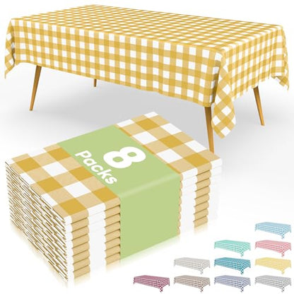 Smiry 8 Packs Gingham Disposable Table Cloth, 54 x 108 Inch Waterproof Plastic Tablecloth, Rectangle Gold and White CheckeGold Table Covers for Party, Birthday, Picnic, Banquet - color: Gold and White, size: 54"x108" (Pack of 8)