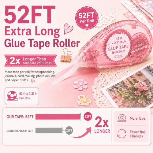 MARCADORUS Glue Tape Roller, Double Sided Tape Scrapbook 4 Pack Extra Long | 52Ft x 0.31In Per Roller, Clean Adhesive for Photos, Scrapbooking, Journaling, Card Making, Paper Crafts & Teacher Supplies - size: 52.5 Ft x 0.31 In : 4 Pack