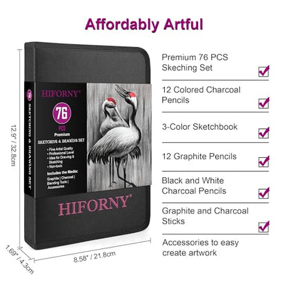 HIFORNY 76 PCS Drawing Set Sketching Kit,Sketch Pencils Art Supplies with Graphite,Charcoal,Blending Tools & Accessories,Portable Zippered Travel Case for Artists & Beginners