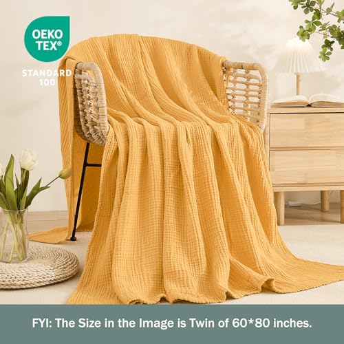 EMME Cotton Muslin Large Throw Blanket Couch Breathable Gauze Soft Lightweight Bed Blankets Adults (Heather Yellow, 50"x70") - color: 12 - Yellow, size: Large Throw (50" X 70")
