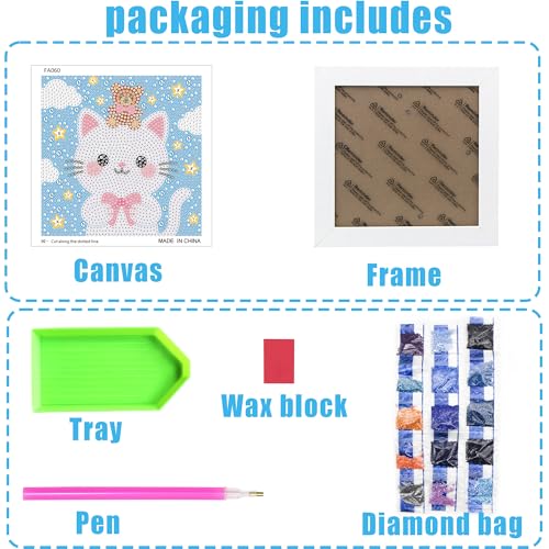 geesfayan Diamond Art Kits for Kids,6 Inch DIY Gem Art Painting with 7 Inch Frame, Complete Starter Kit for Beginners, Creative Arts & Crafts Gift for Girls & Boys (Cartoon Cat) - color: Cartoon Cat
