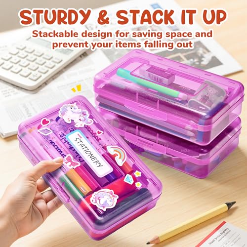 GAMENOTE Plastic Pencil Box with Personalized Sticker,Large Capacity,Purple | Kid Large Hard Pencil Case with Snap-tight Lid, Small Art Craft Storage Containers, School Supply Box for Boys, Girls - color: Purple