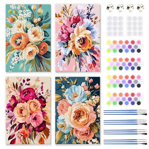 QENSPE 4 Pack Paint by Numbers Kit for Adults with Wooden Frame, Flowers Adults Paint by Number for Beginners, DIY Easy Acrylic Oil Painting Kits on Canvas, Home Wall Decor Gift 8X12 inch - color: Flowers