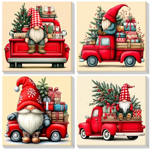 Bowetile 4 Pack Framed Paint by Numbers Christmas for Adults, Gnome Paint by Numbers for Kids Ages 8-12 on Canvas, Easy Acrylic Red Truck Number Painting Christmas Gifts for Home Wall Decor, 8x8in - color: Gnome, Red Truck