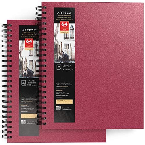 ARTEZA Watercolor Sketchbook, 2-Pack, 64 Pages Each, 9 x 12 Inches, Pink Hardcover, 140-Pound Spiral-Bound Paper - color: Pink, size: 9x12 inch - 2 pack