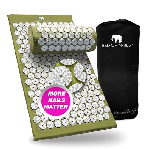 Bed of Nails Mat and Pillow Set – Original Bon Acupressure Design with 10962 Precision Nails, Mat: 28.5 x 16.5 x 1", Pillow: 14.5 x 6 x 4", Green - color: Green - Mat & Pillow Set