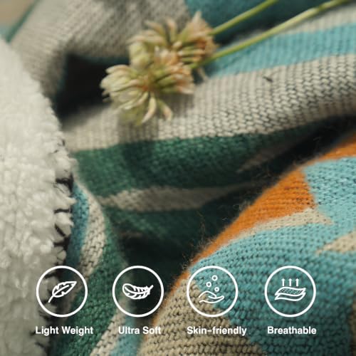 Aztec Blanket with Soft Sherpa Fleece, Southwestern Blankets for Camping, Boho Throws - color: Aqua Blue, size: 60" x 80"