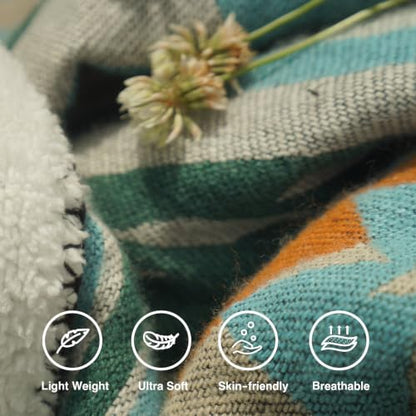 Aztec Blanket with Soft Sherpa Fleece, Southwestern Blankets for Camping, Boho Throws - color: Aqua Blue, size: 60" x 80"