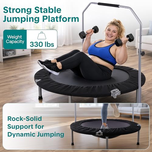 SereneLife 40" Foldable Mini Trampoline for Adults - Compact Fitness Rebounder with Adjustable Foam Handle, Exercise Trampoline with Max Load 330lbs, Indoor/Garden Whole-Body Workout - color: Black