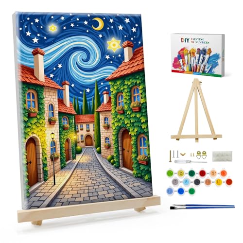 SparkGlow Starry Night Framed Paint by Number Kits for Adults, 8×12 Inch | Landscape Painting by Number, Include Easel, Premium Canvas, Number Painting for Gift, Home Decor, Relaxing and Enjoyable - color: Starry Night 035