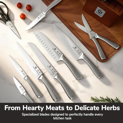 imarku 14-Piece Japanese Gyutou Stainless Steel Kitchen Knife Set | 15° Precision Edge | 56±2 HRC Hardness | Full-Tang Build for Perfect Balance | Built-in Sharpener | Gift for Home Chef - color: Light Brown