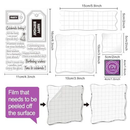 6 Pcs Clear Stamps for Birthday Card Making Supplies 20 Ink Pad | 3 Acrylic Stamp Block, Silicone Stamp with Birthday Word Candle Banner Cake Stamps for Crafting DIY Scrapbooking Journal - style: 29Pcs Celebrate Clear Stamps