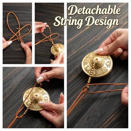 Tibetan Meditation Bell, Brass Tingsha Cymbals with Cloth Bag - size: Eight Symbols with Beads