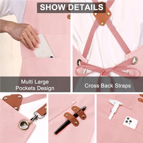ZOMAO Chef Apron for Women Men with Large Pockets, Cotton Canvas Cross Back Waterproof Work Aprons for Kitchen Cooking Bib - color: Lightpink