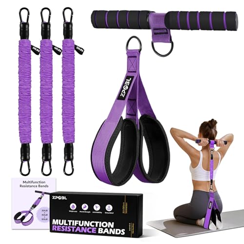 Multifunctional Portable Pedal Resistance Band with Handle for Women - 3 Adjustable Tubes for Core(30/40/50LB), Abs, Arm & Leg Workouts | Home Gym Equipment - color: Purple