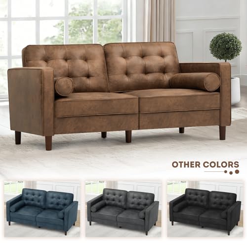 67" Suede Leather 2-seat Sofa with Two Bolster Pillows, Brown - color: Brown, size: 67" Loveseat