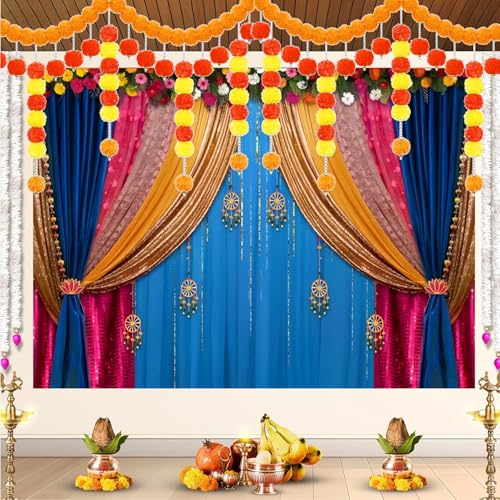 Yeele 5x3ft India Pooja Backdrop Diwali Marigold Blue Curtain Background for Photography Indian Ganpati Puja Traditional Wedding Festival Party Decoration Photo Booth Props - size: 5x3ft
