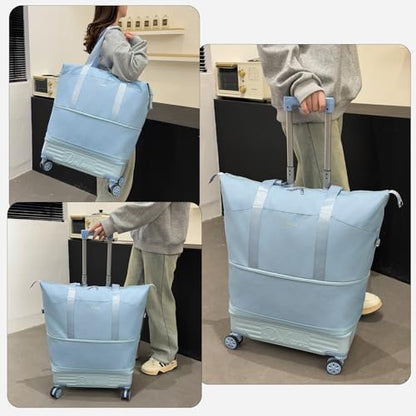 Expandable Rolling Travel Bag with Removable Wheels & Handle, Large Capacity Wheeled Duffle Tote, Foldable Carry On Luggage for Women, Lightweight Weekender Overnight Bag (LightBlue) - color: LightBlue