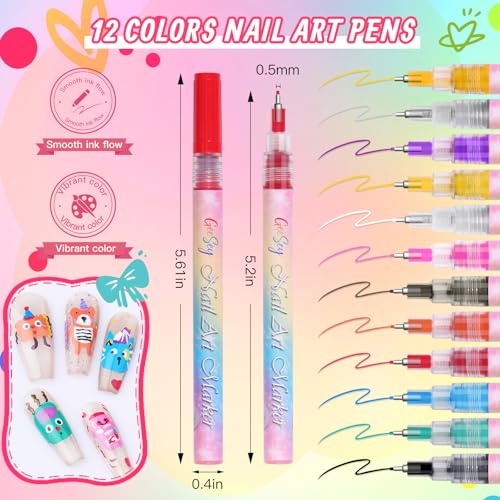 12 Color Nail Art Pens, 0.5mm Nail Polish Pens Set, Acrylic Paint Nail Markers for Nail Art, Quick-Drying Drawing Point Liner Pen for DIY Nails Art Design Manicure Salon Tools - color: 0.5mm