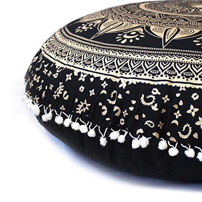 CRAFT KALA 32" Bohemian Floor Pillow Cover Boho Large Round Pouf Cover Mandala Meditation Room Pillows Cover for Adults Seating Poufs Cushion Cover for Kids Playroom Black Gold Trishul - color: Black Gold Trishul