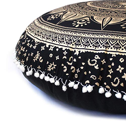 CRAFT KALA 32" Bohemian Floor Pillow Cover Boho Large Round Pouf Cover Mandala Meditation Room Pillows Cover for Adults Seating Poufs Cushion Cover for Kids Playroom Black Gold Trishul - color: Black Gold Trishul