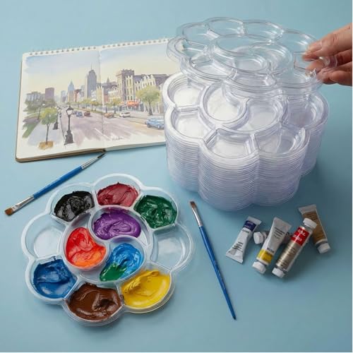 Paint Tray Palettes, 50 Pack, One Time Use Plastic, Transparent 5.9 Inch | Mini Watercolor Painting Palettes for Students, Kids, Paint Holder, DIY Craft Class, Paintings - color: Transparent
