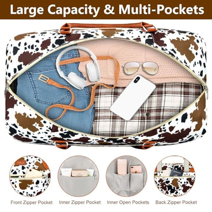 ITIEZY Weekender Bag for Women 21.5" Travel Duffel Large Carry On Bag 3PCS | Nylon Duffel Bag with Waterproof Shoe Compartment, Crossbody Bag and Toiletry Bag, Travel Weekend Hospital Overnight Gym Bag - color: 5-Brown Cow