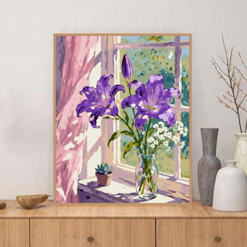 ZRIZQ Paint by Numbers Kit for Adults Beginner,Purple Flowers,16x20 | Full set with wooden brushes,rolled canvas,rich paints.Calming activity.Beginner friendly.Just open and paint. - color: 16"X20"Rolled Canvas-Purple Flowers