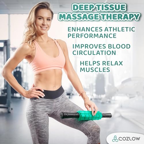 Muscle Roller Stick - Green - Hand Held Body Massager with 9 Rollers & Non-Slip Handles - Deep Tissue Massage & Maximum Muscle Recovery - Leg, Back, Arm, Thigh, Butt Sculpting Tool - by Cozlow - color: Green