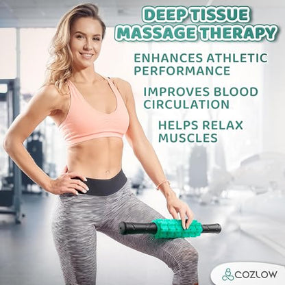 Muscle Roller Stick - Green - Hand Held Body Massager with 9 Rollers & Non-Slip Handles - Deep Tissue Massage & Maximum Muscle Recovery - Leg, Back, Arm, Thigh, Butt Sculpting Tool - by Cozlow - color: Green
