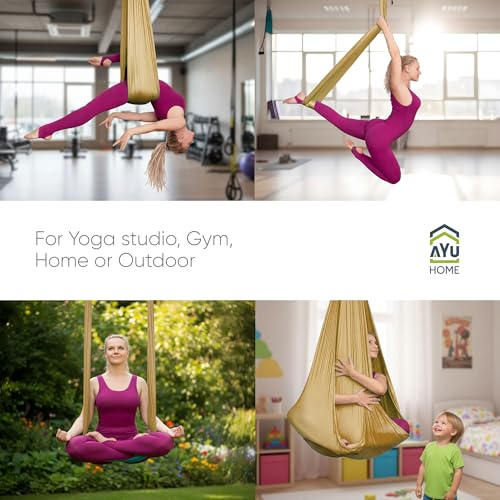 AyuHome Aerial Silks Yoga Swing Aerial Hammock Kit for Home | Premium aerial silks yoga swing kit with rigging hardware for aerial yoga, gymnastics, and home fitness - color: Aerial silk - Gold - New