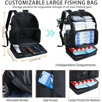 Fishing Backpack with Rod Holder, Heavy Duty Fishing Bag with Waterproof Bottom, Tackle Backpack Gifts for Man Woman-Black - color: Black