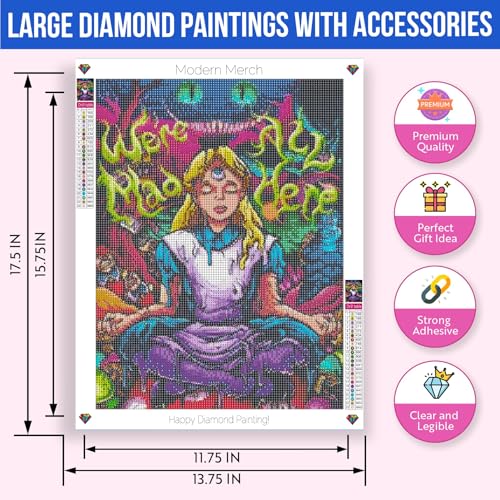 Modern Merch Alice in Wonderland Diamond Art Kits for Adults 'We're All Mad Here' 5D Diamond Painting for Adults, DIY Trippy Wall Art, Cross Stitch Gem Art, Full Round Drill 12x16 - color: Alice in Wonderland