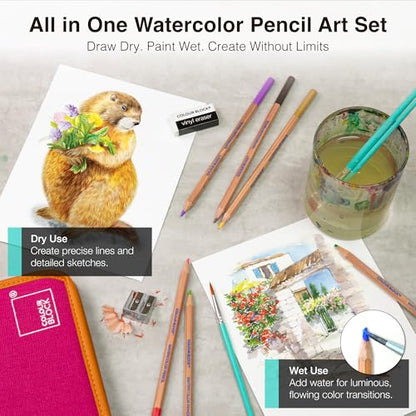 COLOUR BLOCK Watercolor Pencil Travel Art Set 34 PCS, Professional Drawing Kit, 50 Sheets Drawing Pad, Paint Brushes I Vibrant Pigments for Coloring and Blending