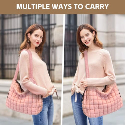 Puffer Tote Bag for Women, Large Quilted Puffer Bag with Pouch, Puffy Quilted Hobo Bag, Puff Crossbody Purse - color: 1-pink
