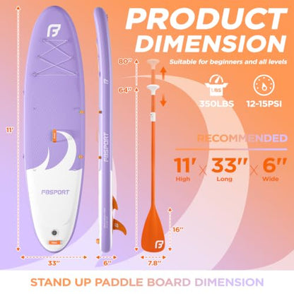FBSPORT 11' Premium Stand Up Paddle Board, Yoga Board with SUP Accessories & Carry Bag | Wide Stance, Surf Control, Non-Slip Deck, Leash, Paddle and Pump for Youth & Adult - color: Light Purple