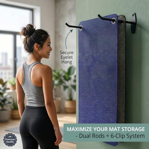 Yoga Mat Wall Mount Holder & Clips for Eyelet Workout Mat Hanging Storage