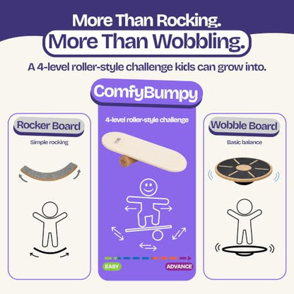 ComfyBumpy Balance Board for Kids with Cork Roller, 30" x 12" Wooden Balance Board, 4 Adjustable Levels, 400 lb Capacity, Progressive Balance Trainer for Kids, Parents & Family Play