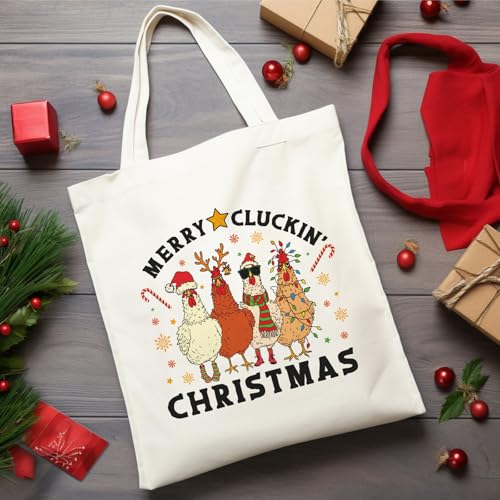 Kazova Merry Cluckin Tote Bag Funny Christmas Chicken Tote Bag for Women Xmas Holiday Canvas Handbag with Long Handles Reusable Grocery Shopping Beach Cotton Handbag - color: Cluckin