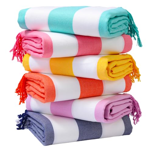 Genovega 6 Packs Oversized Turkish Beach Bath Towel Set Bulk 74"x38" Extra Large Sand Free Quick Dry Swim Camping Pool Clearance Towels Travel Blanket Adult Essentials Light Blue Grey Coral Stripe - color: Multi Pink Set