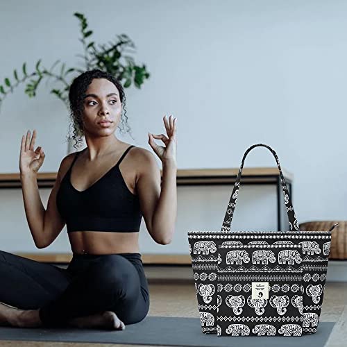 WLLWOO Yoga Mat Carrier Bag for Women Canvas Carryall Tote Gym Pilates | Large Holder Zipper Shoulder for Beach Travel Workout Fitness Office - color: elephantle