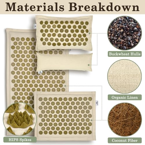 Acupressure Mat and Pillow Set — 4 Piece Full Body Set — Natural Linen & Coconut Fiber — Back Neck Pain Relief, Muscle Relaxation, Stress Relief — Includes Carry Bag