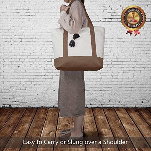 TOPDesign 1-Pack Canvas Tote Bag with an External Pocket, Reusable Grocery Shopping Bag, Top Zipper Closure, Daily Essentials (Brown/Natural) - color: Brown/Natural