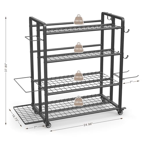 4-Tier Weight Rack for Home Gym with Wheels and Hooks | Adjustable Gym Storage Rack for Dumbbells Kettlebells Yoga Mat, All-in-One, Space Saving, Heavy Duty Steel, Easy to Assemble - size: Large Black